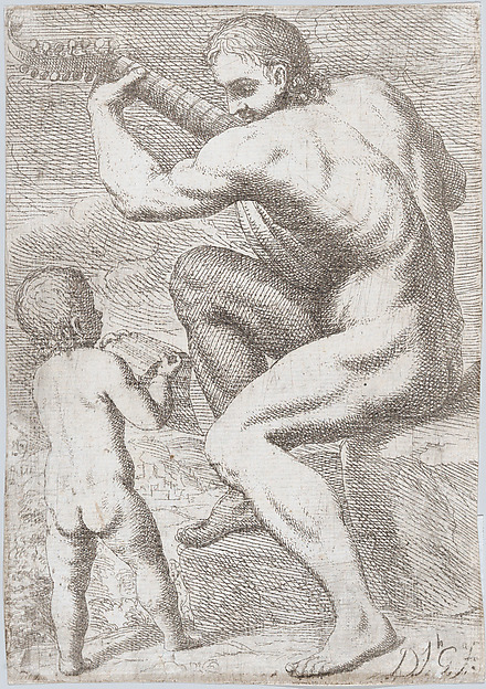 Study of a naked man playing a vihuela, a child holding a sheet of music at the left, from the 'Principios para estudiar el Nobilísimo y Real arte de la Pintura' (Madrid 1693)
