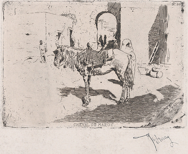 A Moroccan horse standing before an arch