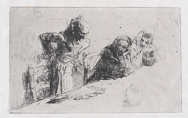 Cardplayers: three men, two seated one standing before a spread of cards on a table