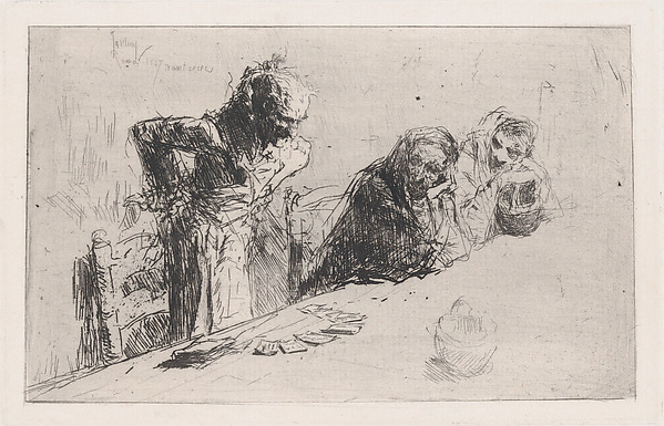 Cardplayers: three men, two seated one standing before a spread of cards on a table