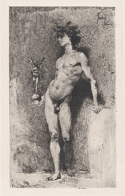 Victory: a naked youth standing facing left holding a statue of winged Victory in his right hand