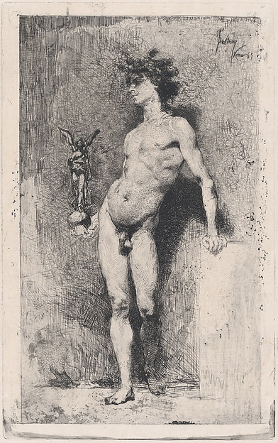 Victory: a naked youth standing facing left holding a statue of winged Victory in his right hand
