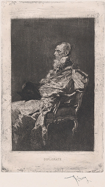The Diplomat, man seated holding hat facing left