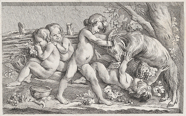Nude children eating grapes and playing with a goat; an allegory of Fall, after a bas-relief on the Fontaine des Quatre-Saisons (Paris)