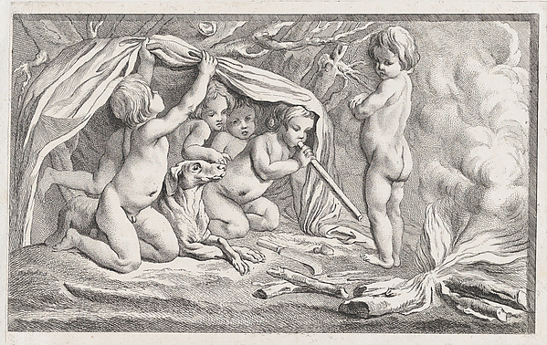 Nude children and a dog warming themselves by a fire; an allegory of Winter, after a bas-relief on the Fontaine des Quatre-Saisons (Paris)