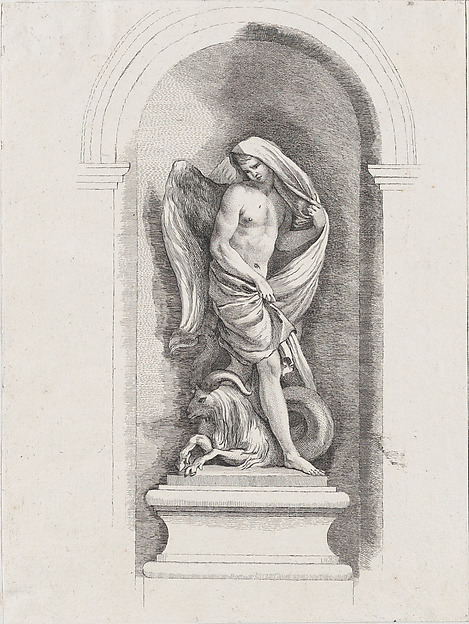 Standing male angel holding drapery and standing over a ram; allegory of Spring; after bas-relief on Fontaine des Quatre-Saisons (Paris)
