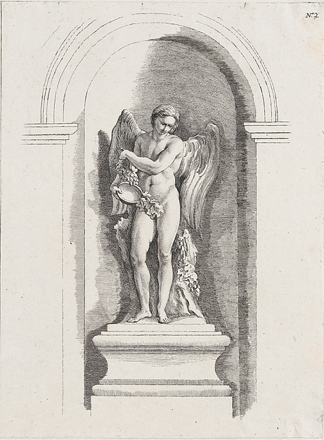 Standing male angel holding an empty bowl and looking down; allegory of Winter; after a bas-relief on the Fontaine des Quatre-Saisons (Paris)