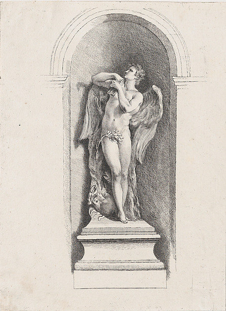 Standing male angel looking up and holding a flute; after Fontaine des Quatre-Saisons (Paris)