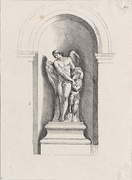 Standing male angel looking down to left and holding a ram; allegory of Summer; after a bas-relief on the Fontaine des Quatre-Saisons (Paris)