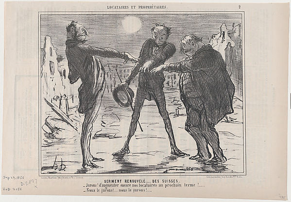 Serment Renouvelé...des Suisses, from Locataires et Propriétaires, published in Le Charivari, September 29, 1856