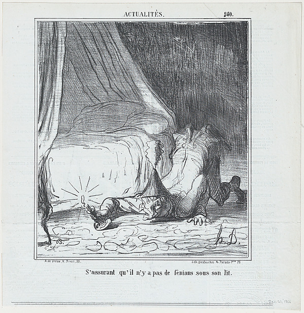S'assurant qu'il n'y a pas de féniant sous son lit, from Actualités, published in Le Charivari, December 21, 1866