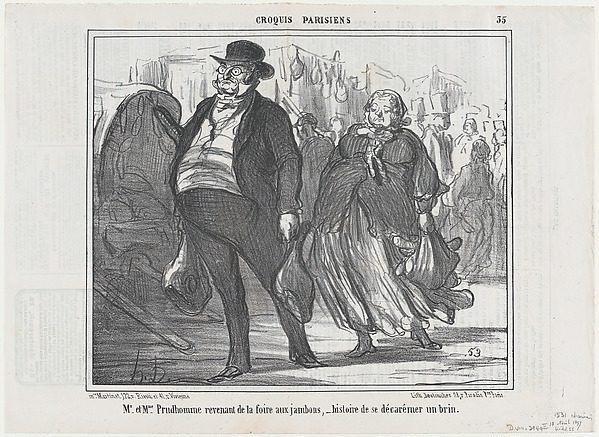 Mr. et Mme. Prudhomme revenant de la foire..., from Croquis Parisiens, published in Le Charivari, April 18, 1857
