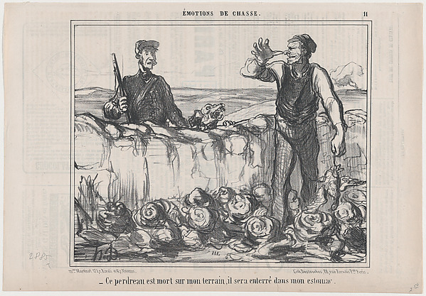 Ce perdreau est mort sur mon terrain..., from Émotions de Chasse, published in Le Charivari, October 10, 1857