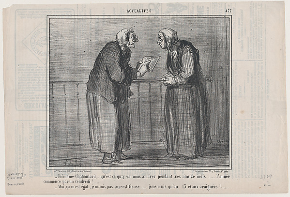 Oh! mame Chaboulard,.....qu'est ce qu'y va nous arriver pendant ces douze mois...., from Actualités, published in Le Charivari, January 11, 1858