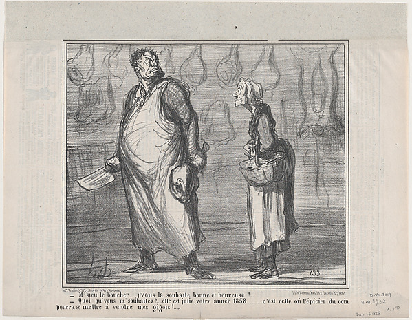 M'sieu le boucher..., j'vous la souhaite bonne et heureuse!, from Actualités, published in Le Charivari, January 16, 1858