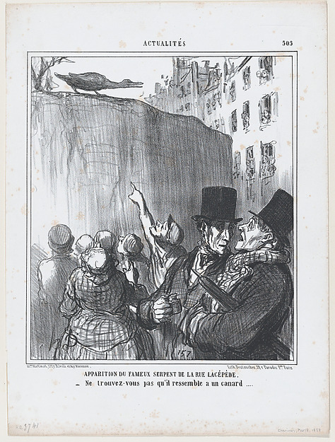 Apparition du fameux serpent de la rue Lacépède..., from Actualités, published in "Le Charivari"