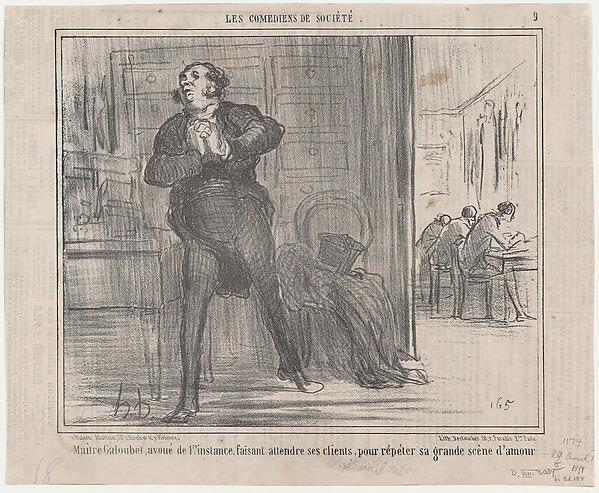 Maître Galoubet, avoué de 1re. instance, faisant attendre ses clients, pour répéter sa grande scène d'amour..., from Les Comédiens de Société, published in Le Charivari, April 29, 1858