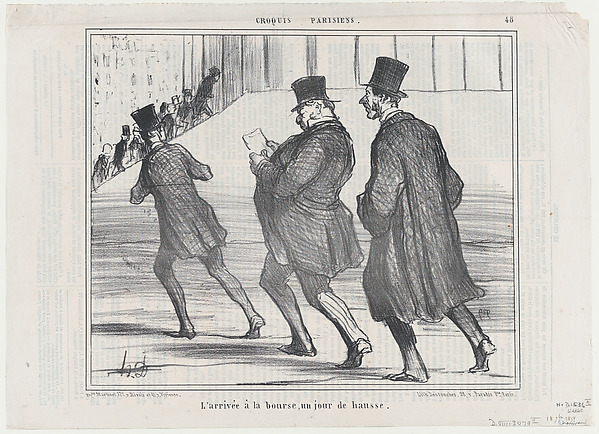 L'arrivée à la bourse, un jour de hausse, from Croquis Parisiens, published in Le Charivari, September 18, 1858