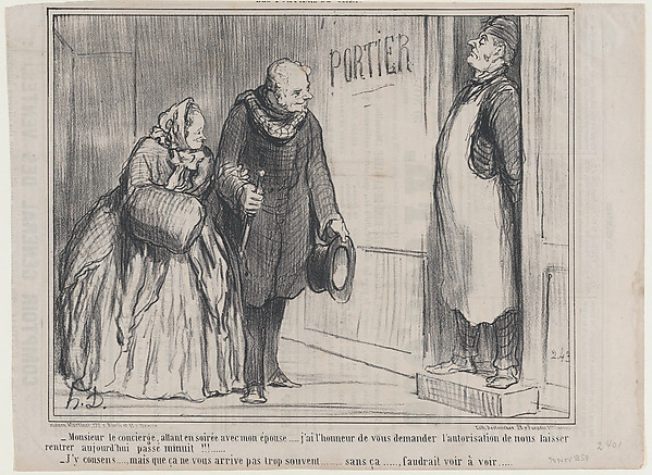 Monsieur le concierge, allant en soirée avec mon épouse..., from Les Portiers de Paris, published in Le Charivari, November 30, 1858
