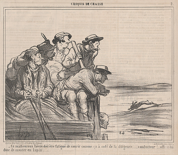 Ce malheureux lièvre doit être fatigué de courir comme ça à coté de la diligence....., from Croquis de Chasse, published in Le Charivari, September 29, 1859
