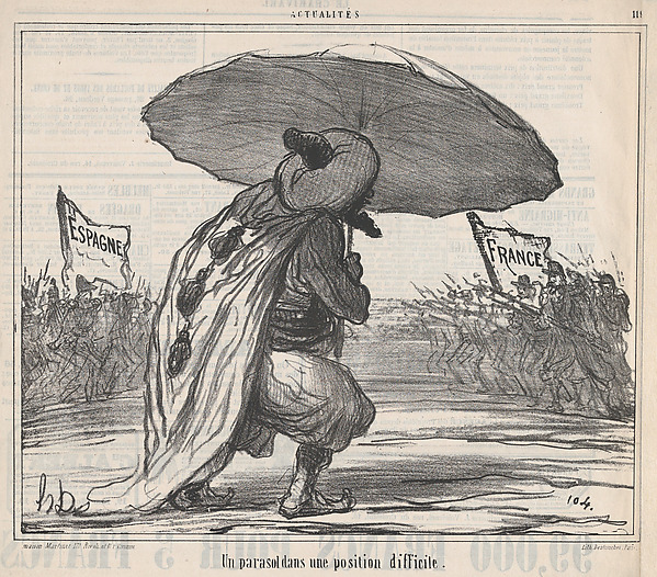 Un parasol dans une position difficule., from Actualités, published in Le Charivari, November 25, 1859
