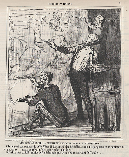 View of a studio the final week before the exhibition, from 'Parisian sketches,' published in Le Charivari, April 1, 1864
