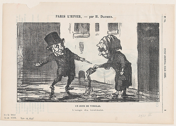 A day of black ice, the angel of the sidewalk, from 'Paris in winter,' published in Le Petit Journal pour Rire, February 18, 1865