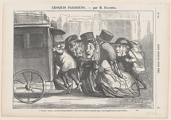 Stop pushing please... you have the number 57 and I just called number 3!, from 'Parisian sketches,' published in Le Petit Journal pour Rire, February 4, 1865