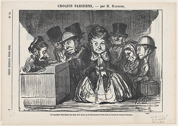 If patience had disappeared all over the world, one would surely find it again at a bus station in Paris, from 'Parisian sketches,' published in Le Petit Journal pour Rire, February 4, 1865