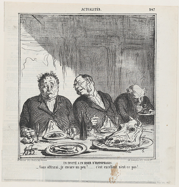 A guest to a horsemeat dinner, from 'News of the day,' published in Le Charivari, March 24, 1865
