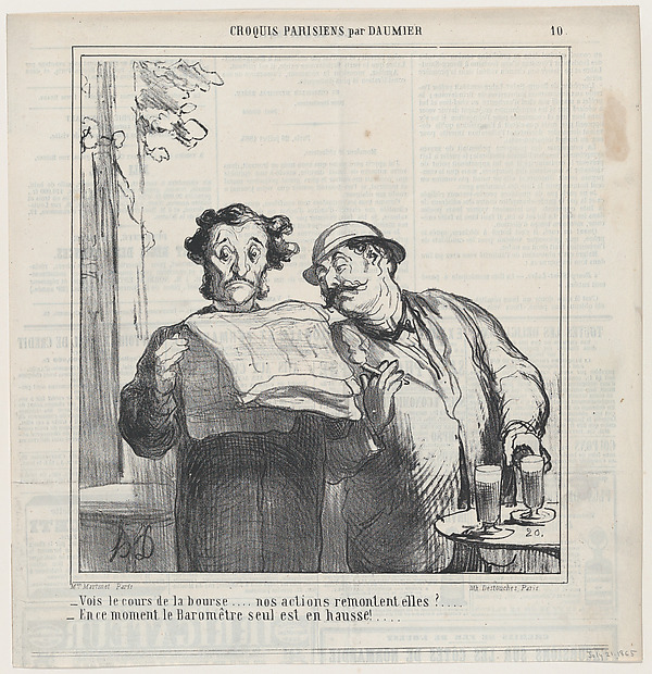 Look, the quotations from the stock exchange... are our shares going up?, from 'Parisian Sketches,' published in Le Charivari, July 21, 1865