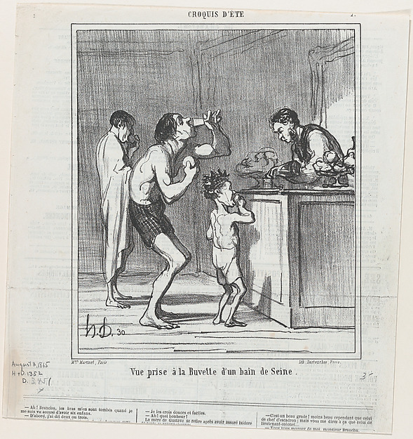 View of a refreshment stand at a bath on the Seine, from 'Summer sketches,' published in Le Charivari, August 3, 1865