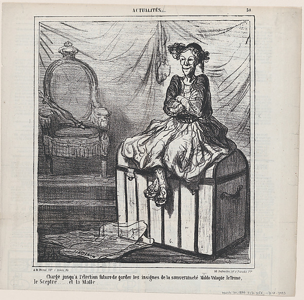 Entrusted with guarding the Insignia of Wallachian sovereignty until the forthcoming election: the throne, the sceptre ... and the trunk., from 'News of the day,' published in Le Charivari, March 30, 1866