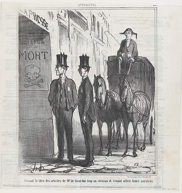 Taking the headlines of Monsieur de Girardin too seriously and coming to offer their services, from 'News of the day,' published in Le Charivari, January 23, 1866