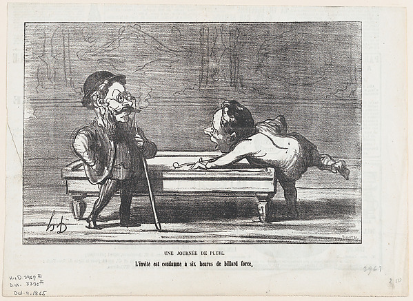 A rainy day: The guest is condemned to six hours of billiards, from "The joys of country life" by Honoré Daumier, The Metropolitan Museum of Art
