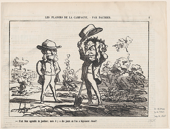 Working in the garden can be fun... but there are days when it is just too damn hot!, from 'The joys of country life,' published in Le Charivari, September 14, 1865