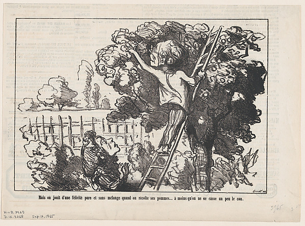 One rejoices in a pure, unspoiled happiness when harvesting ones own apples... at least as long as one doesn't break ones neck, from 'The joys of country life,' published in Le Charivari, September 14, 1865