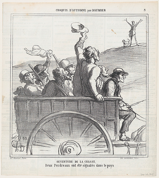 Opening of hunting season, it seems that two partridges have been sighted in the area, from 'Autumn sketches,' published in Le Charivari, September 25, 1865