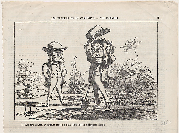 Working in the garden can be fun... but there are days when it is just too damn hot! / One rejoices in pure, unspoiled happiness when harvesting one's own apples... at least as long as one doesn't break one's neck, from 'The joys of country life,' published in Le Charivari, September 14, 1865