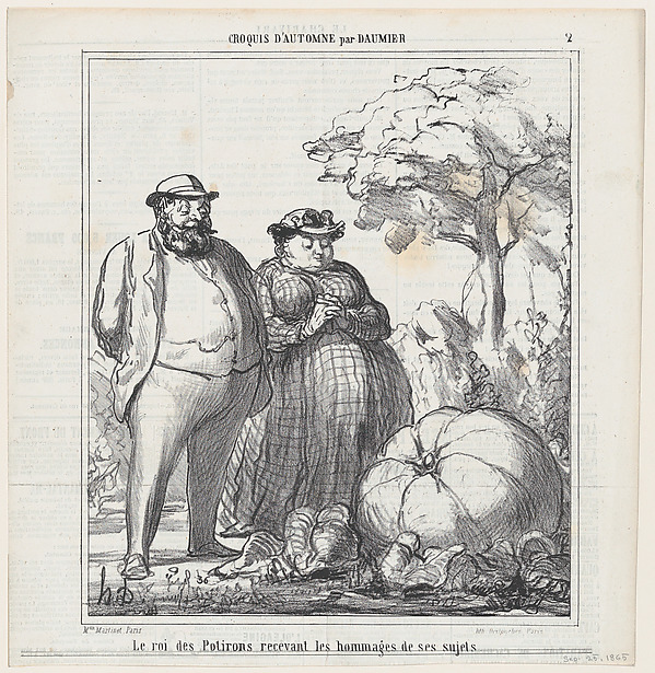 The king of pumpkins receiving the homage of his subjects, from 'Autumn sketches,' published in Le Charivari, September 23, 1865