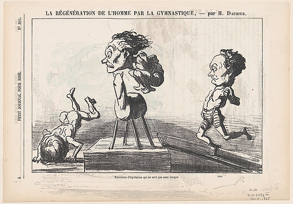 Horseback exercises not without hazards, from 'The regeneration of man through gymnastics,' published in Le Petit Journal pour Rire, November 4, 1865