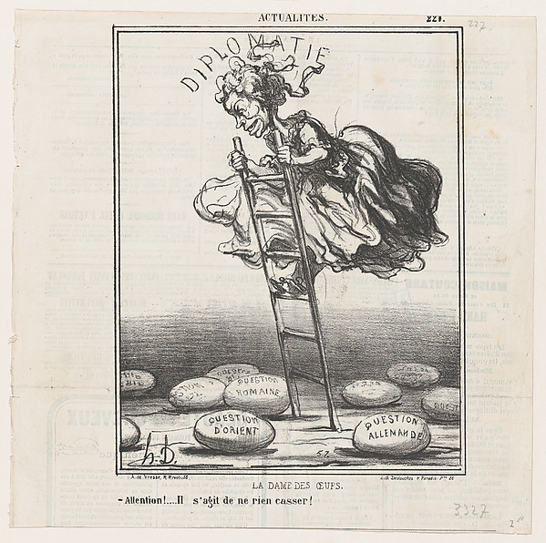The lady of the eggs: Watch out! It's important not to break any of them!, from 'News of the day,' published in Le Charivari, November 24, 1866