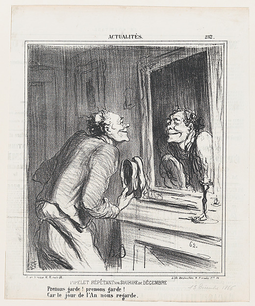 The concierge rehearsing his December smile: Take care! take care! For New Year's Day is approaching!, from 'News of the day,' published in Le Charivari, December 13, 1866