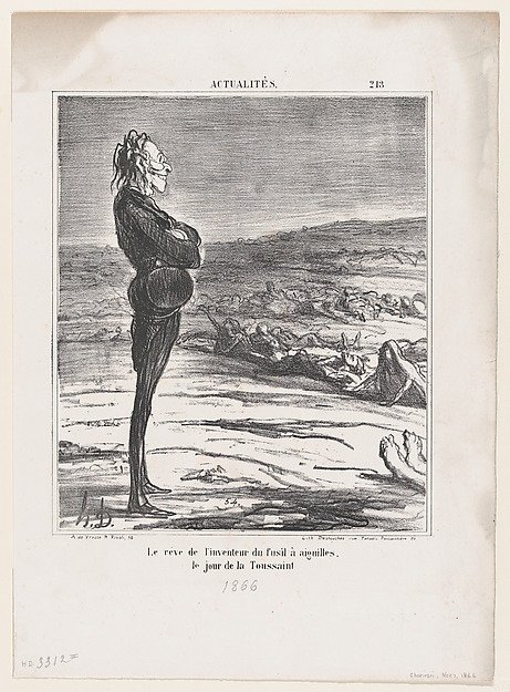 The dream of the inventor of the pin-gun on All Saints' Day, from 'News of the day,' published in "Le Charivari"