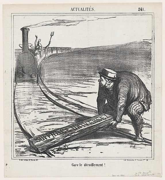 Beware of derailment!, from 'News of the day,' published in Le Charivari, December 29, 1866