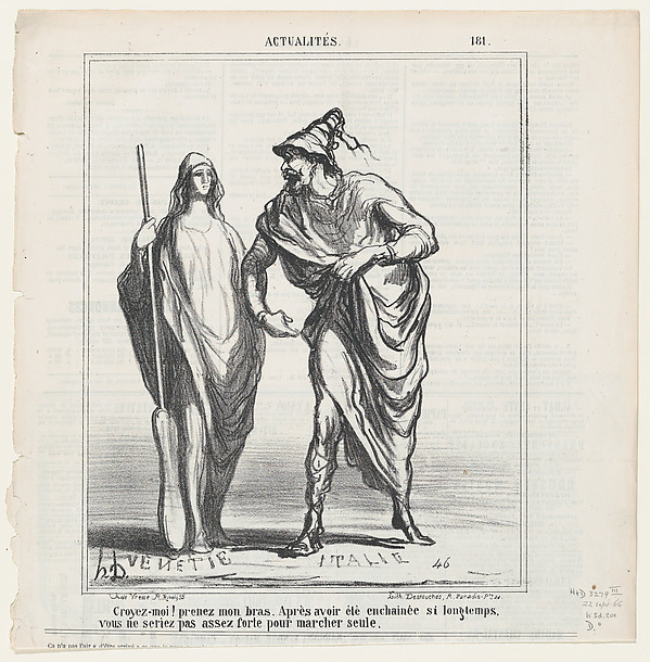 Believe me, take my arm! After having been chained for such a long time you will not be strong enough to walk on your own!, from 'News of the day,' published in Le Charivari, September 22, 1866