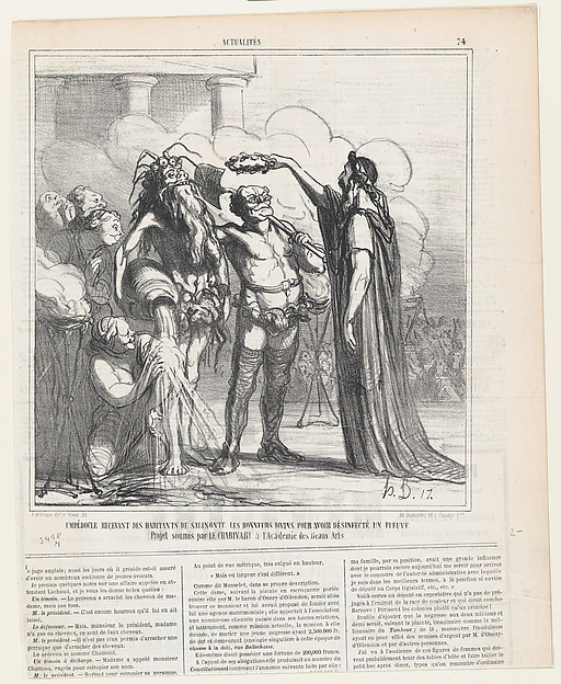 Empedocles receiving the divine honors from the inhabitants of Salinonte for having a river purified: Project proposed b the Charivari to the Academy of Fine Arts, from 'News of the day,' published in Le Charivari, May 1, 1866