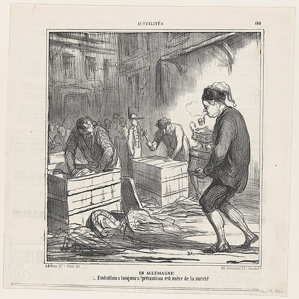 In Germany: Let's pack up everything, caution is the mother of wit, from 'News of the day,' published in Le Charivari, May 28, 1866