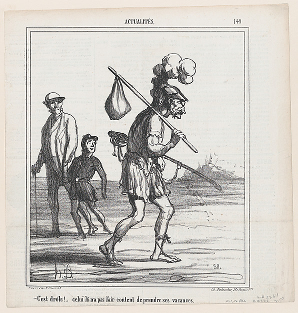 How curious, he doesn't seem to be very happy taking his vacation, from 'News of the day,' published in Le Charivari, August 13, 1866