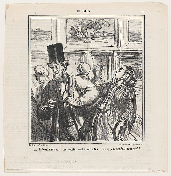 Let's leave Madame... these nudes are revolting... (aside) I'll come back later., from 'At the Salon,' published in Le Charivari, May 5, 1866